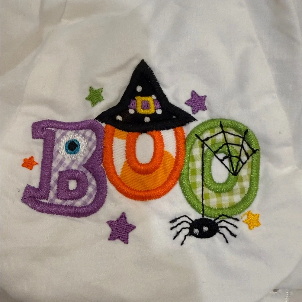 White Halloween Boo Baby Bloomers with Eyelet Detail Size 2